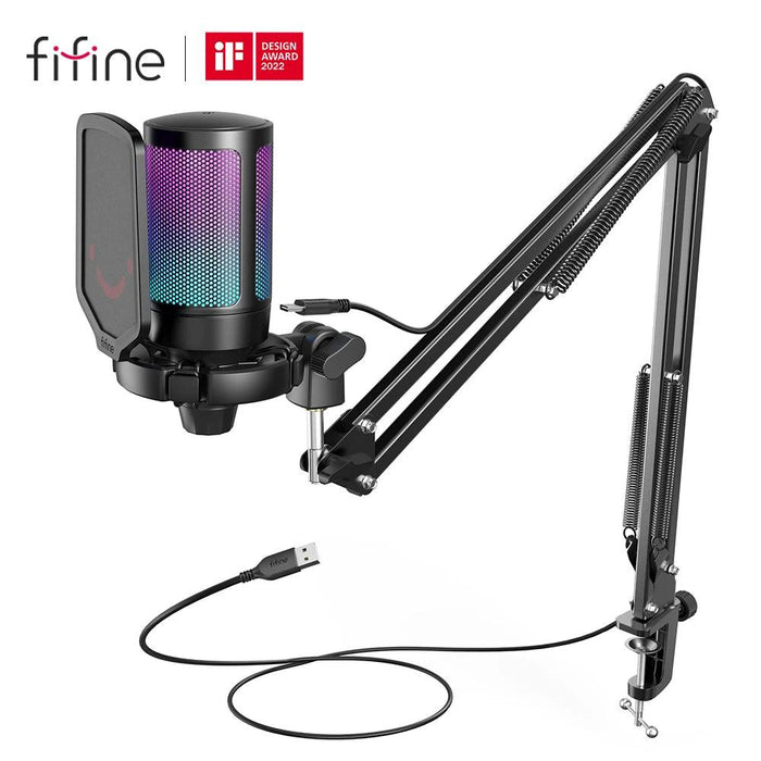 FIFINE USB Gaming Microphone Kit for PC,PS4/5 Condenser Cardioid Mic Set with Mute Button/RGB /Arm Stand,for Streaming Video-A6T - NagiShop