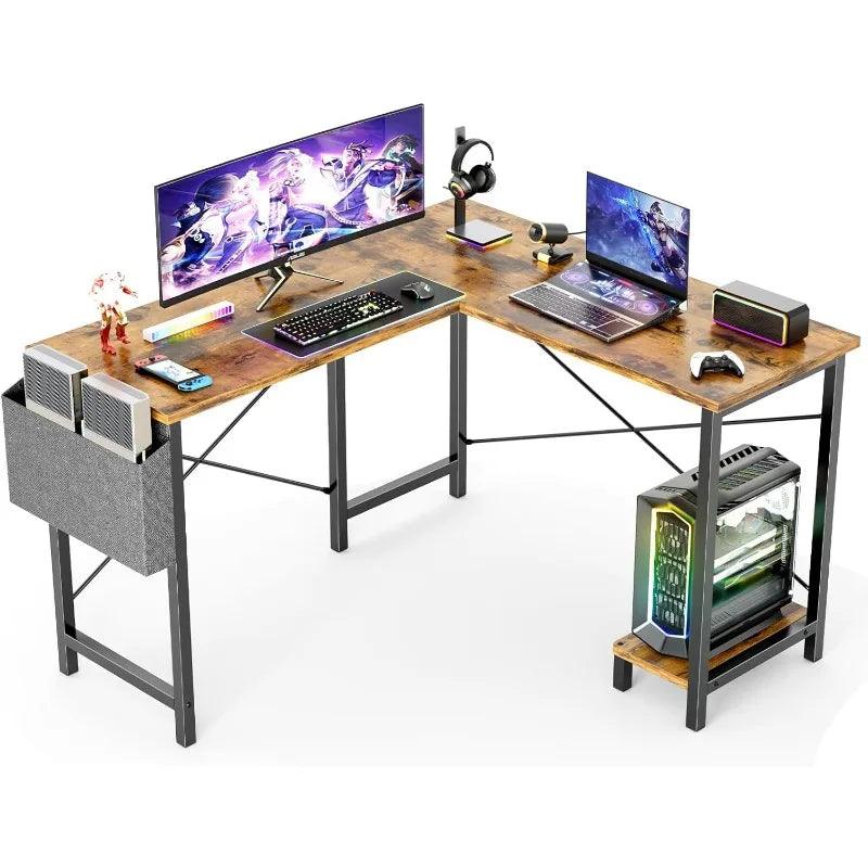 L Shaped Computer Desk Wood Corner PC Gaming Table with Side Storage Bag for Home Office Small Spaces - NagiShop